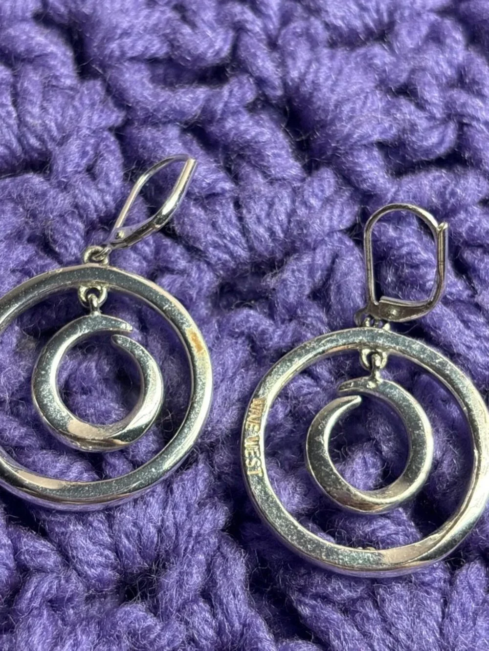 Silvertone Double Circle Dangle Earrings Clear Rhinestones Some Metal Wear